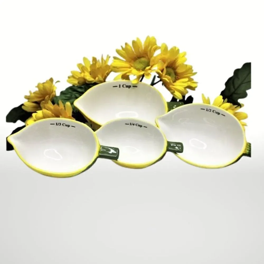 Lemon Measuring Cups Ceramic Whimsical Cottagecore Grandmacore Yellow Set of 4